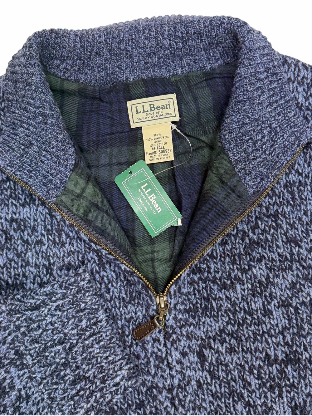 LL Bean Sweater Mens Medium Tall Blue Classic Ragg Wool Full Zip Flannel Lined